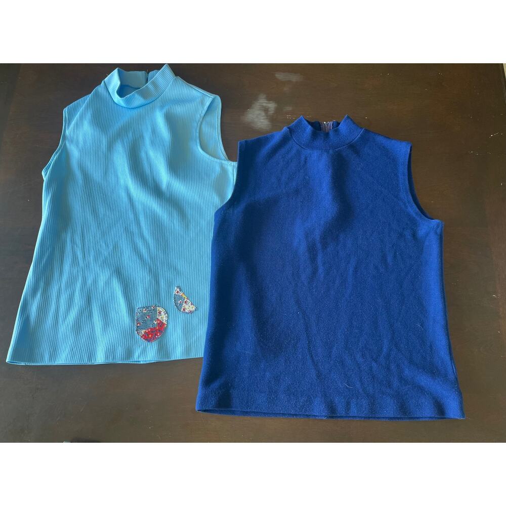 Turtle Neck W M/L Sleeveless Shell Tops Lot 2 Blue Scoville Zipper Mod 60s VTG